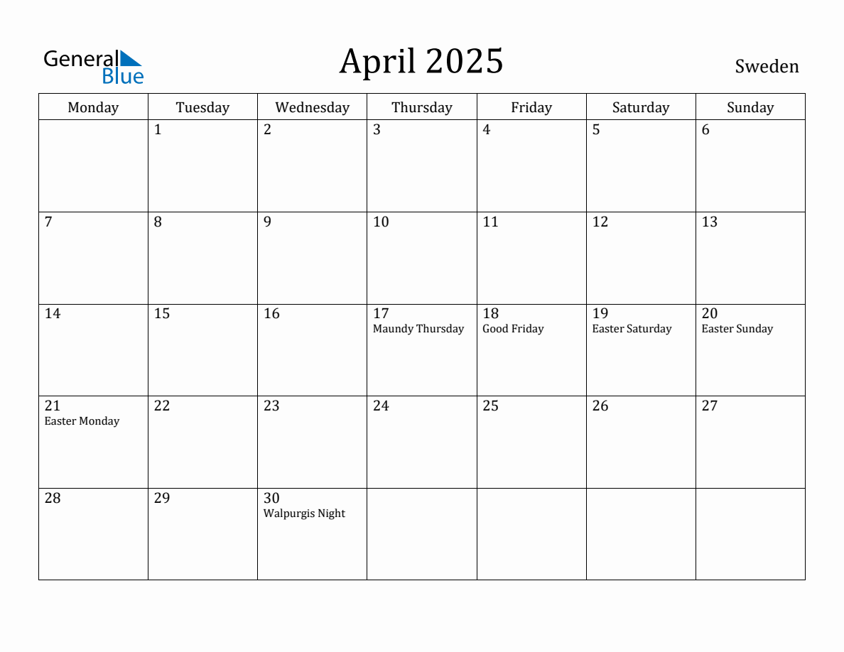 April 2025 - Sweden Monthly Calendar with Holidays