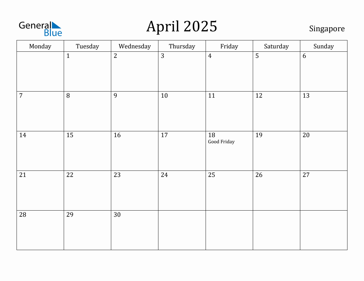 April 2025 Singapore Monthly Calendar with Holidays