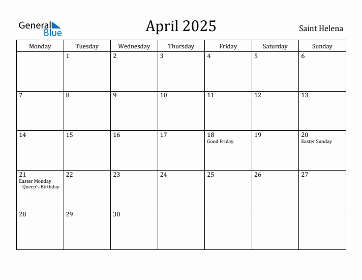 April 2025 Calendar Saint Helena
