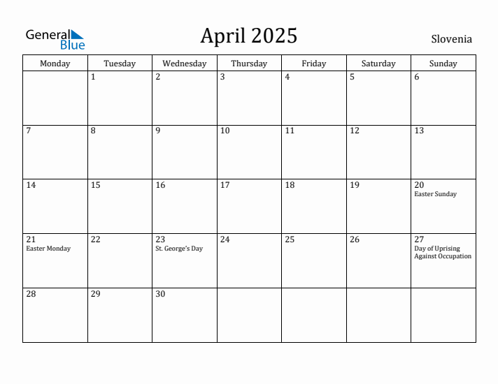 April 2025 Calendar Slovenia