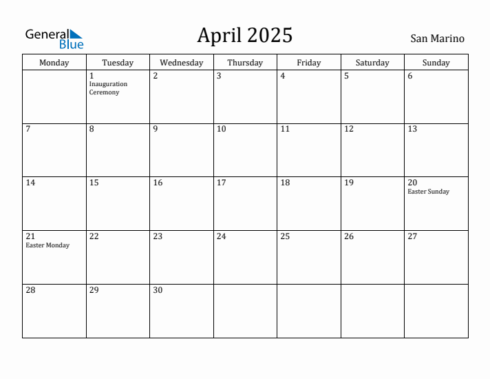 April 2025 Calendar San Marino