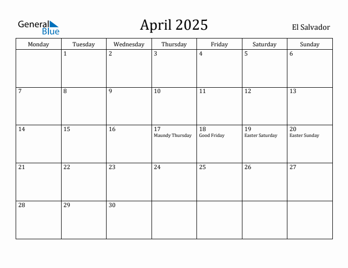 April 2025 Calendar El Salvador