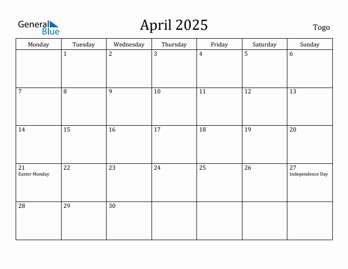 April 2025 Calendar Togo
