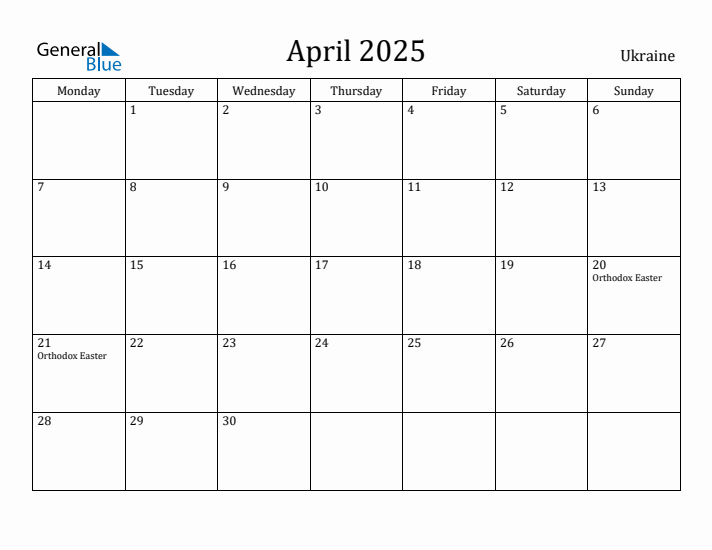 April 2025 Calendar Ukraine