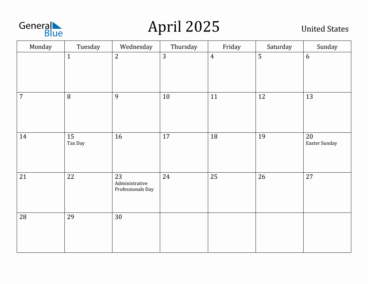 April 2025 Monthly Calendar with United States Holidays