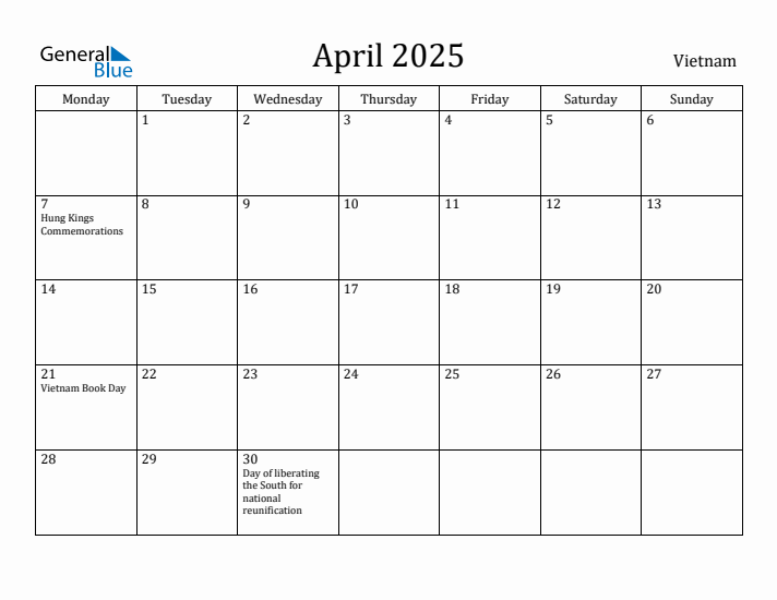 April 2025 Calendar Vietnam