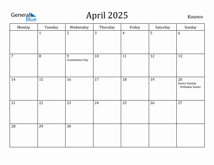 April 2025 Calendar Kosovo