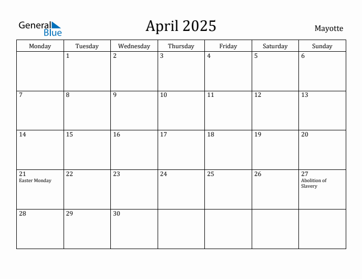 April 2025 Calendar Mayotte