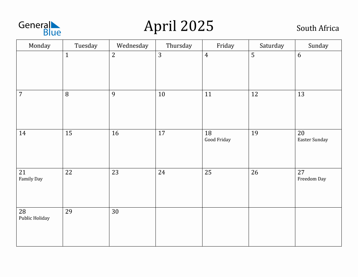 April 2025 South Africa Monthly Calendar with Holidays