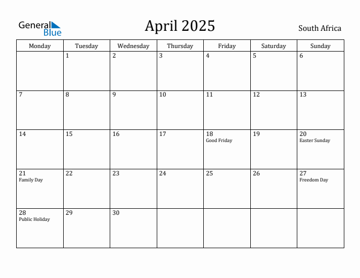 April 2025 Calendar South Africa