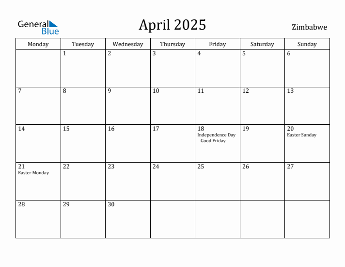 April 2025 Calendar Zimbabwe