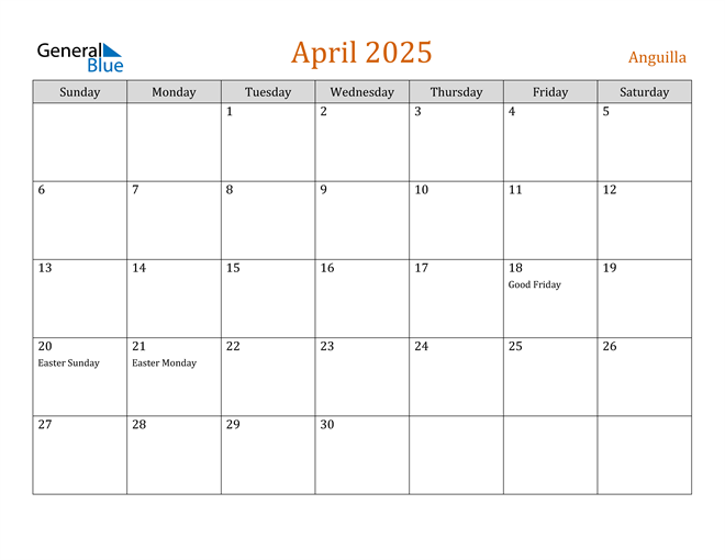 Anguilla April 2025 Calendar with Holidays