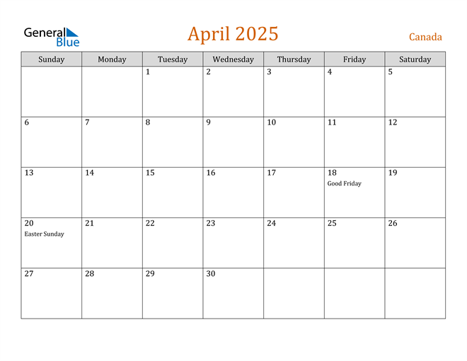 April 2025 Calendar with Canada Holidays