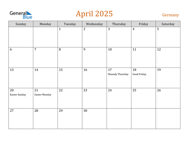 Germany April 2025 Calendar with Holidays