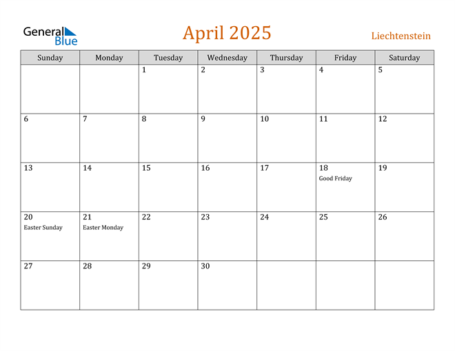 April 2025 Calendar with Liechtenstein Holidays