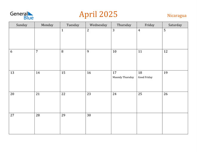 Nicaragua April 2025 Calendar with Holidays