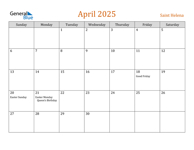 April 2025 Calendar With Saint Helena Holidays