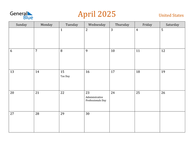 April 2025 Holiday Calendar