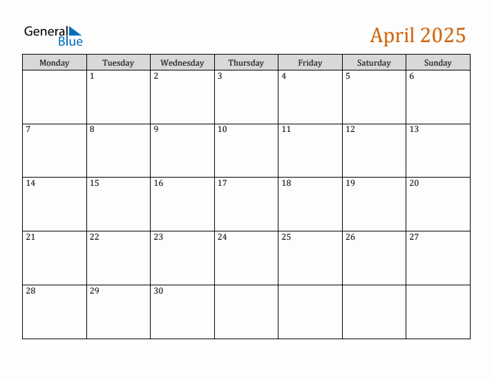 April 2025 Monday Start Calendar (PDF, Excel, Word)
