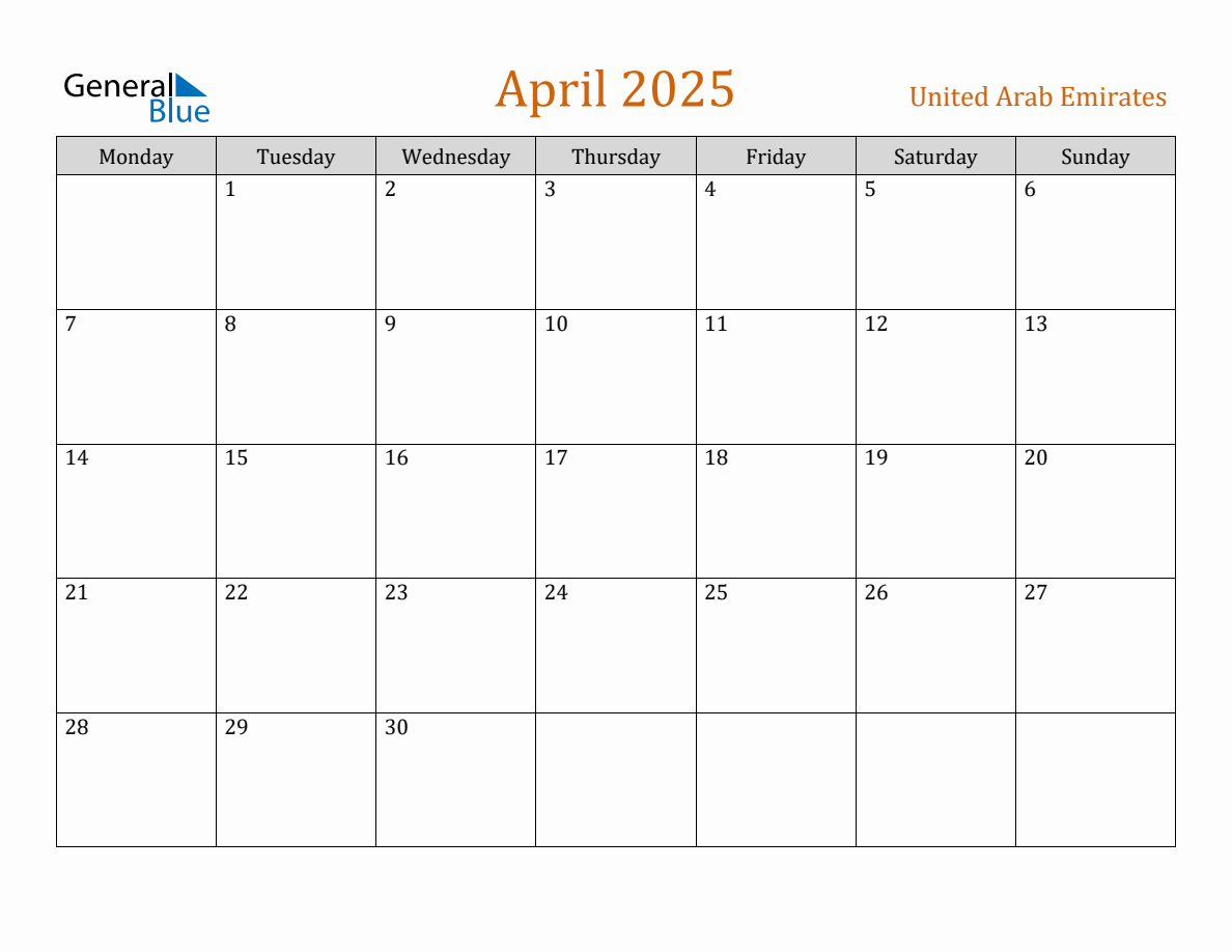 Free April 2025 United Arab Emirates Calendar