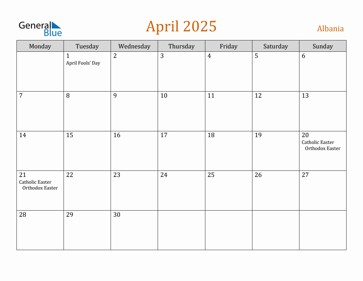 Free April 2025 Albania Calendar