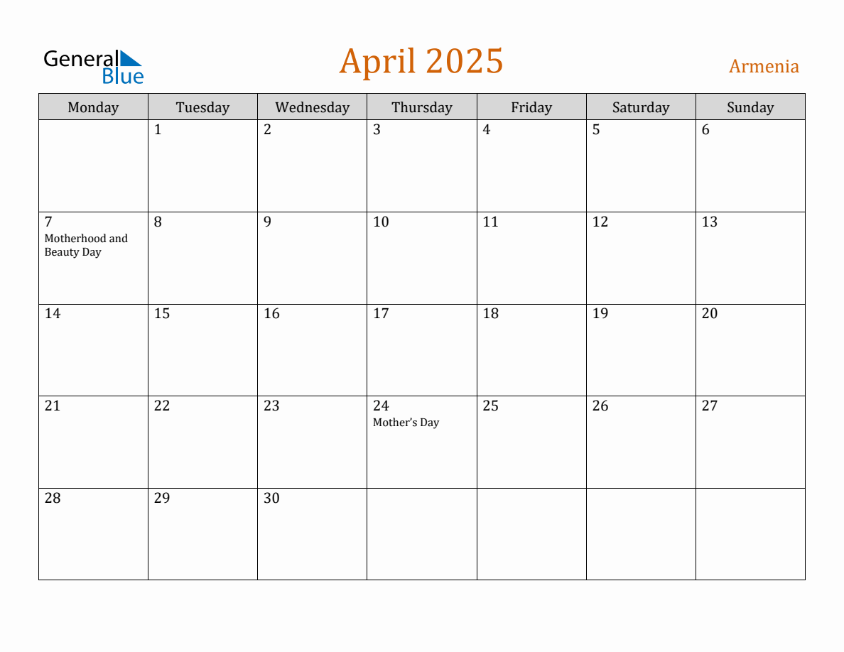 Free April 2025 Armenia Calendar