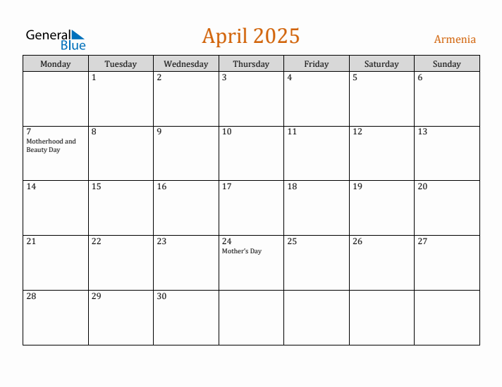 April 2025 Holiday Calendar with Monday Start