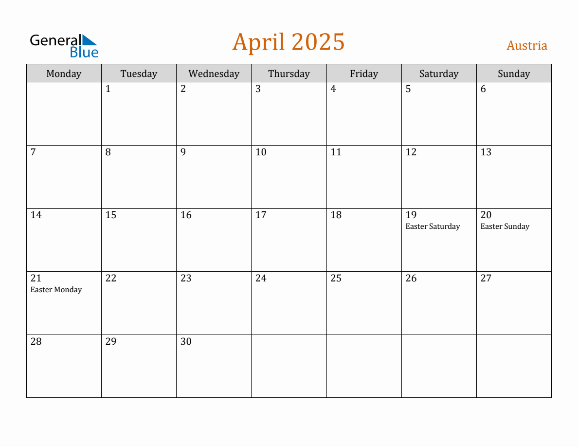 Free April 2025 Austria Calendar