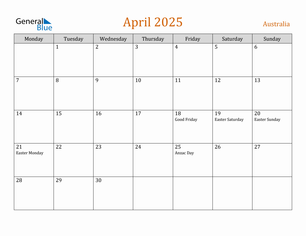 Free April 2025 Australia Calendar