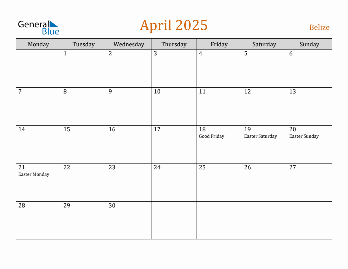 Free April 2025 Belize Calendar