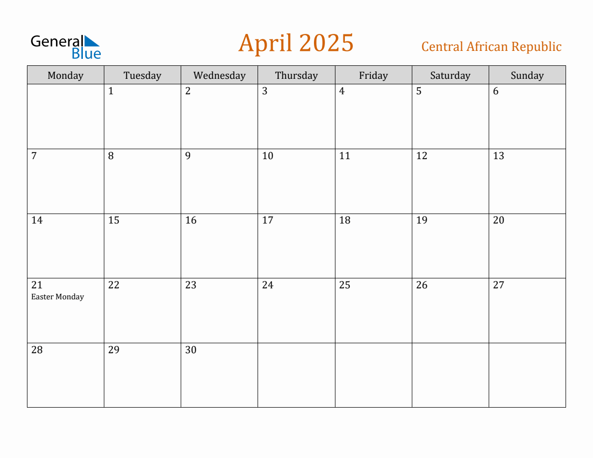 Free April 2025 Central African Republic Calendar