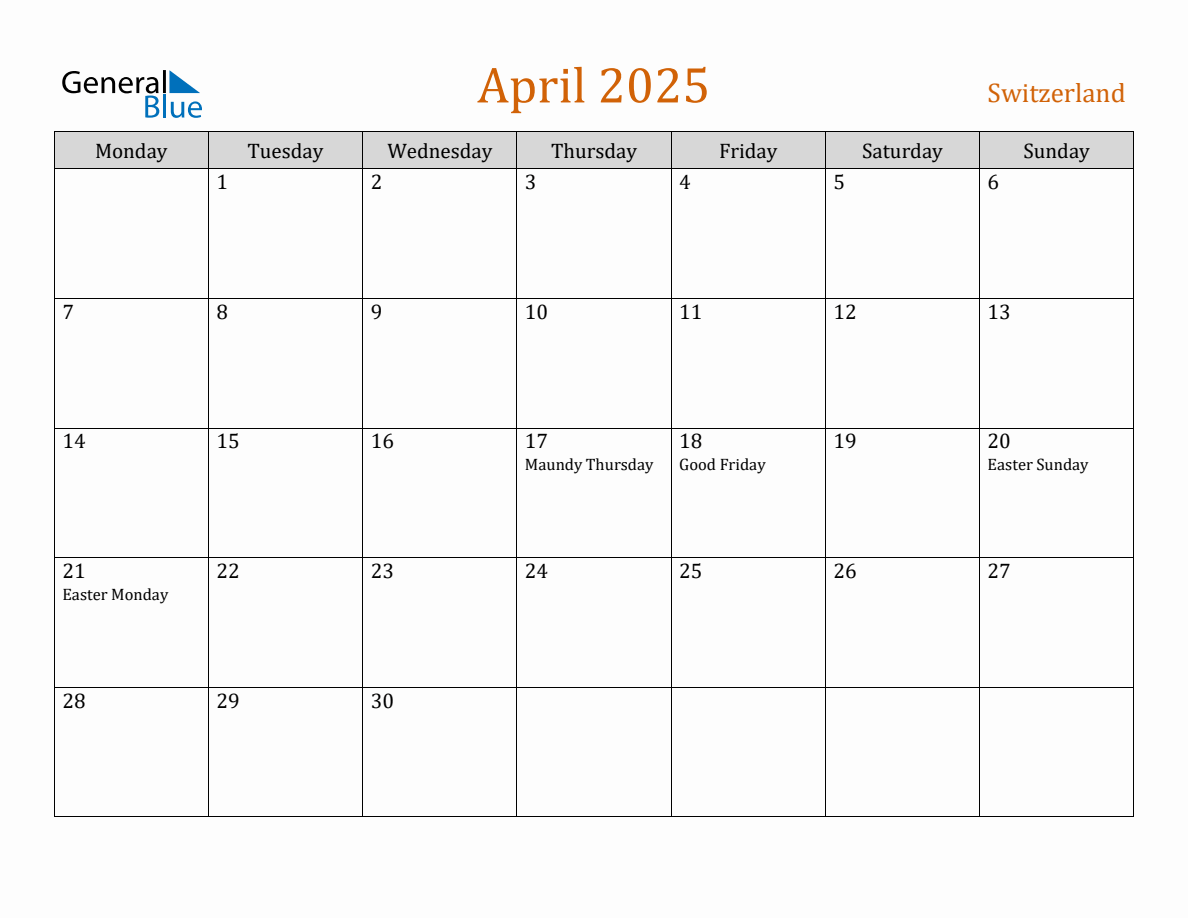 Free April 2025 Switzerland Calendar