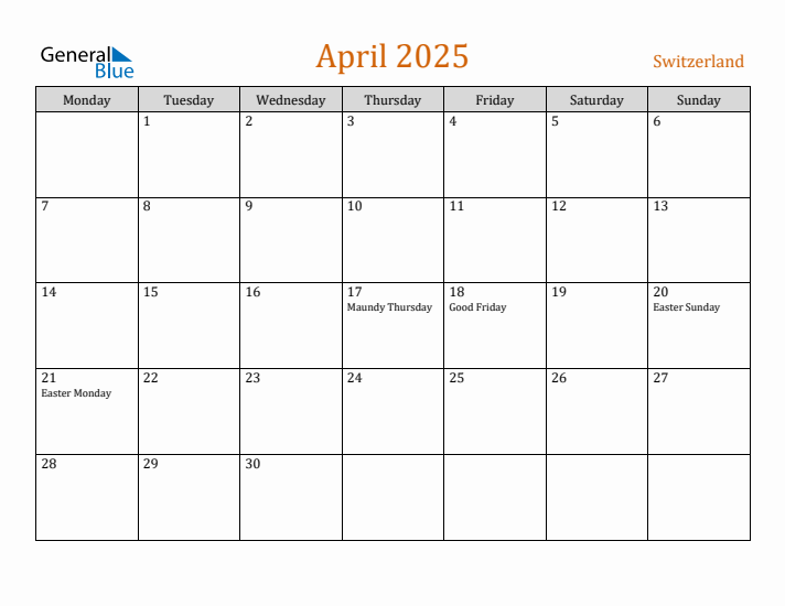 Free April 2025 Switzerland Calendar