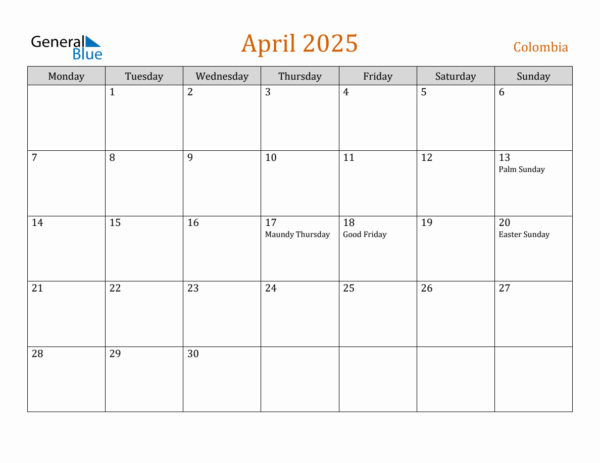 Free April 2025 Colombia Calendar