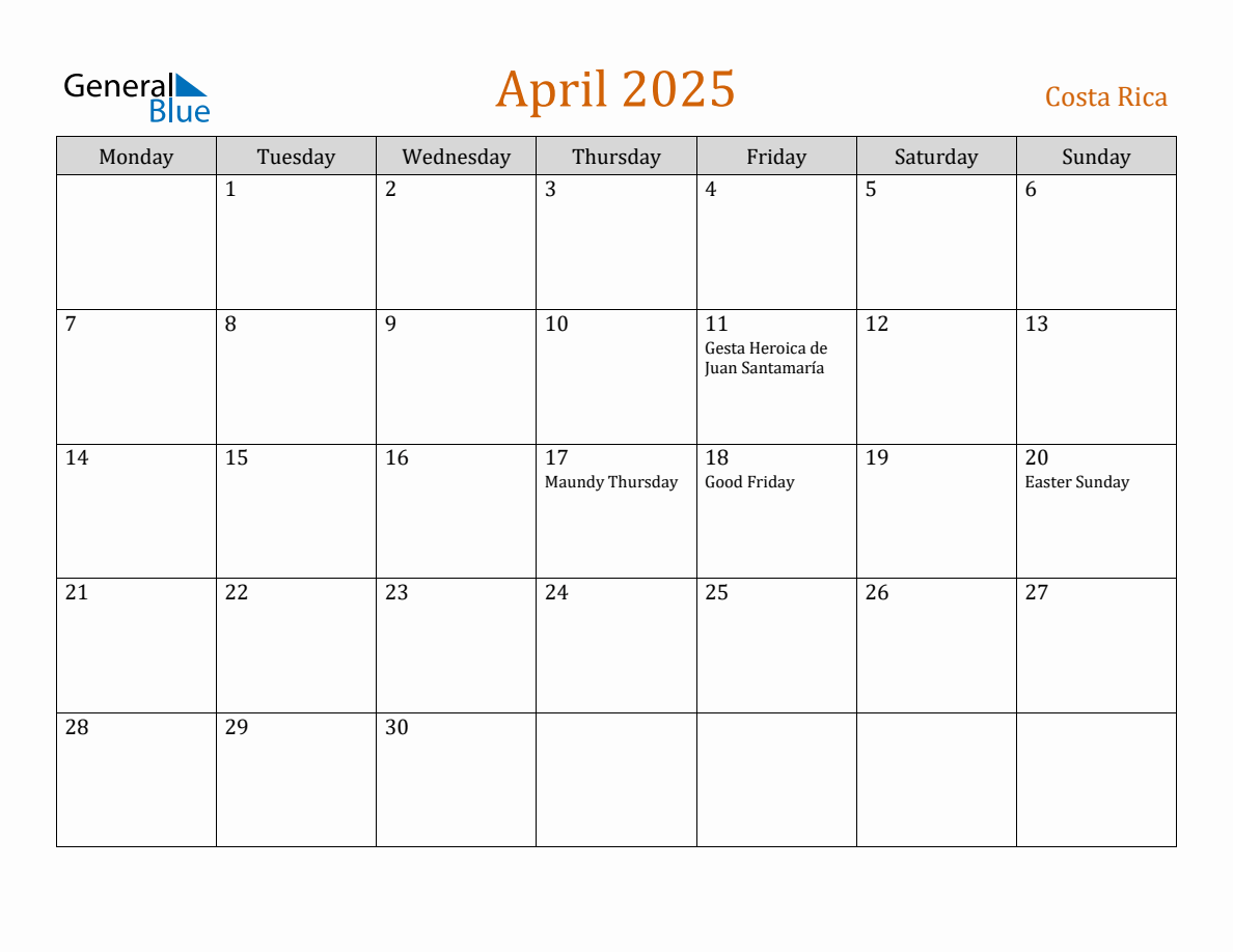 Free April 2025 Costa Rica Calendar