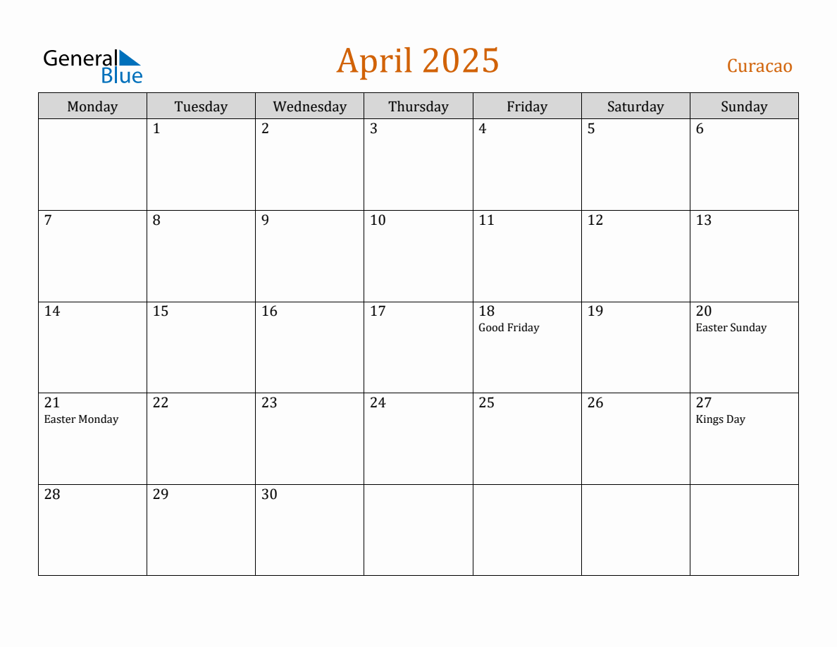 Free April 2025 Curacao Calendar