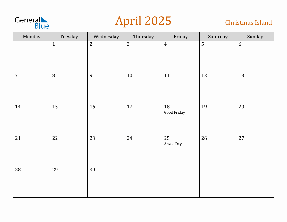 Free April 2025 Christmas Island Calendar