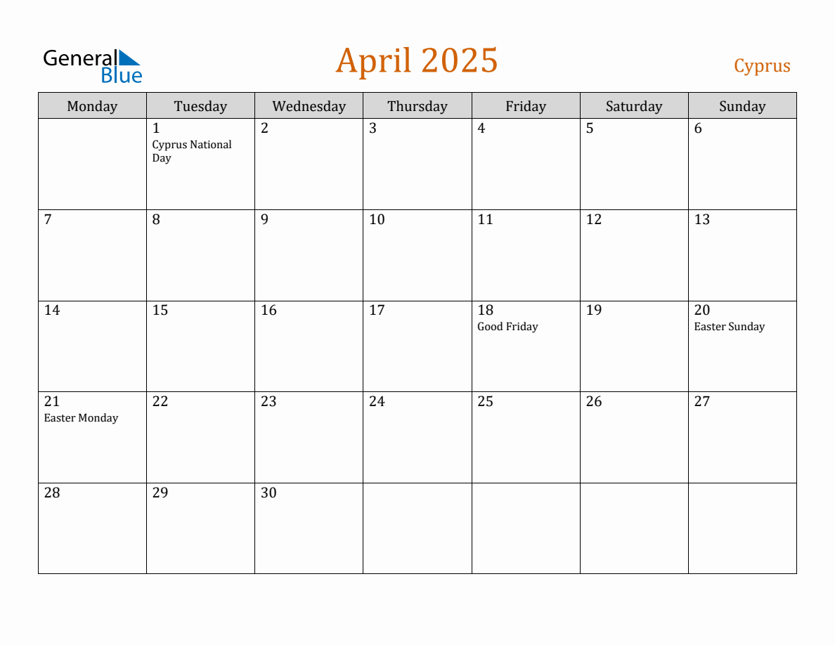 Free April 2025 Cyprus Calendar