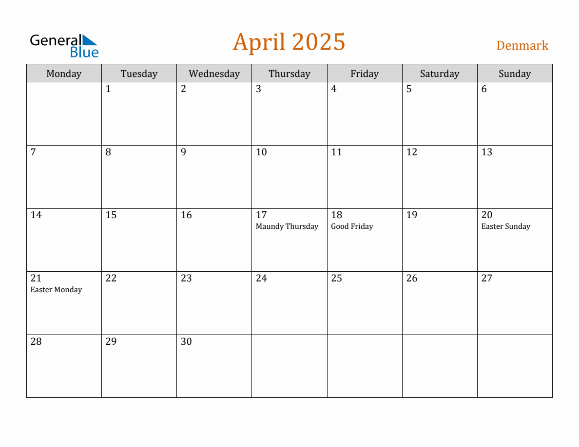 Free April 2025 Denmark Calendar