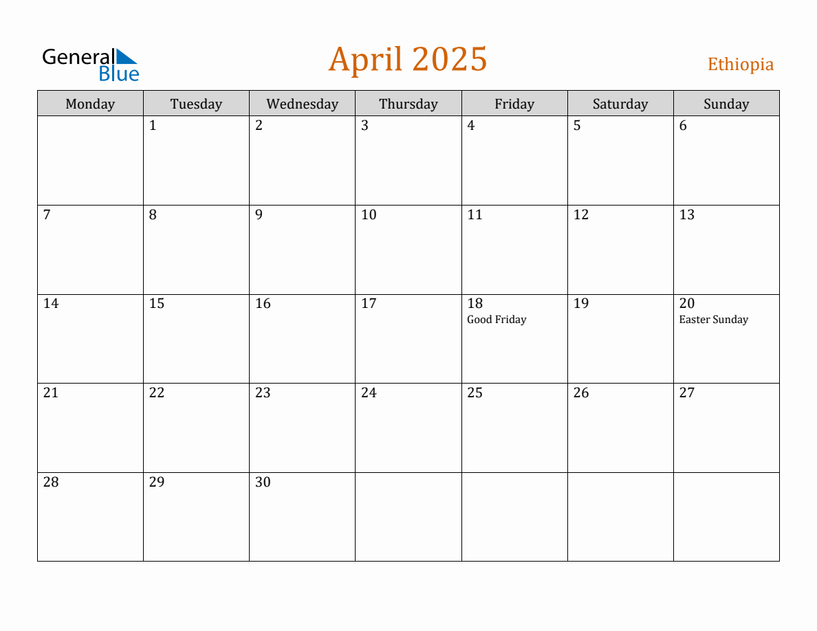 Free April 2025 Ethiopia Calendar