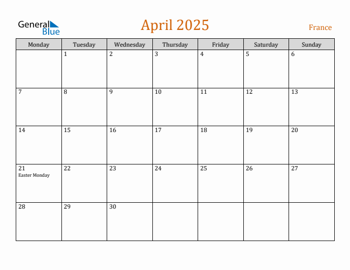 April 2025 Holiday Calendar with Monday Start