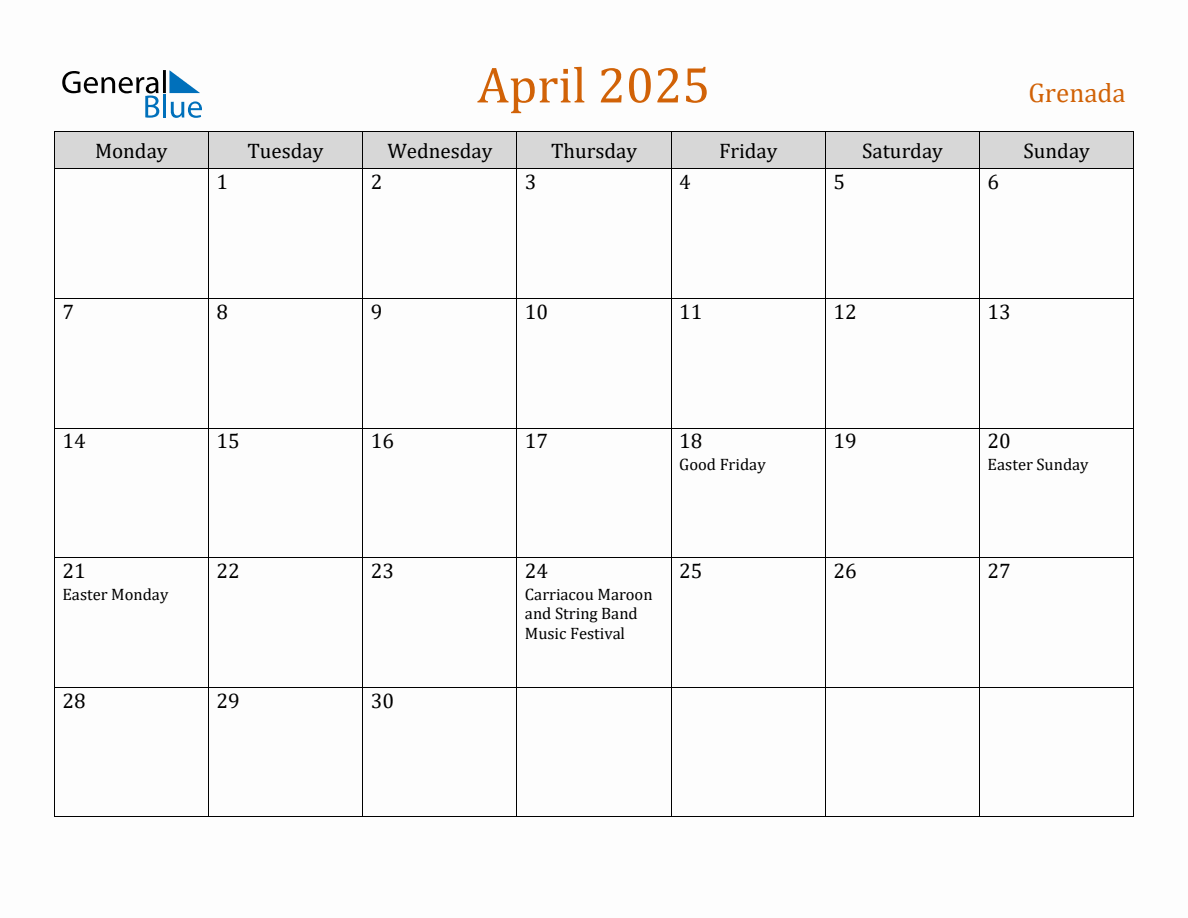 Free April 2025 Grenada Calendar