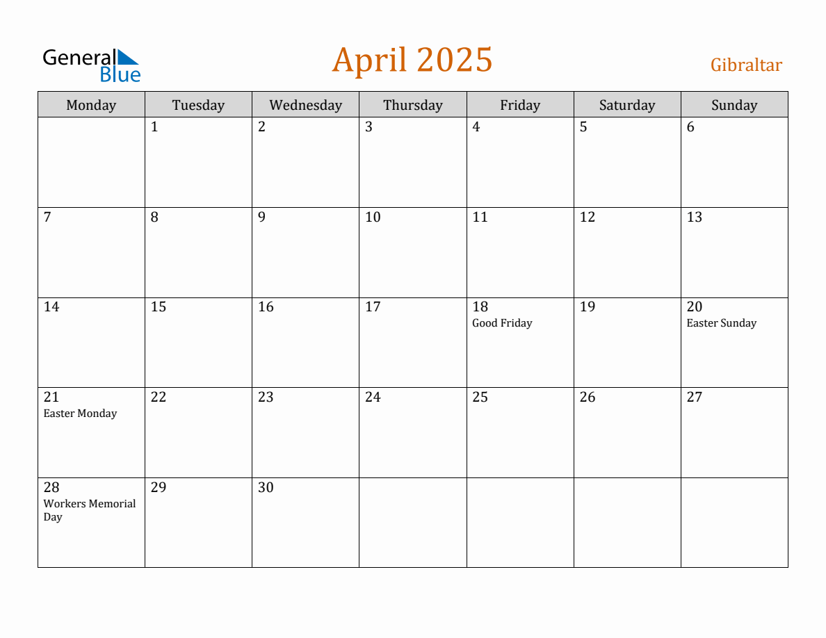Free April 2025 Gibraltar Calendar
