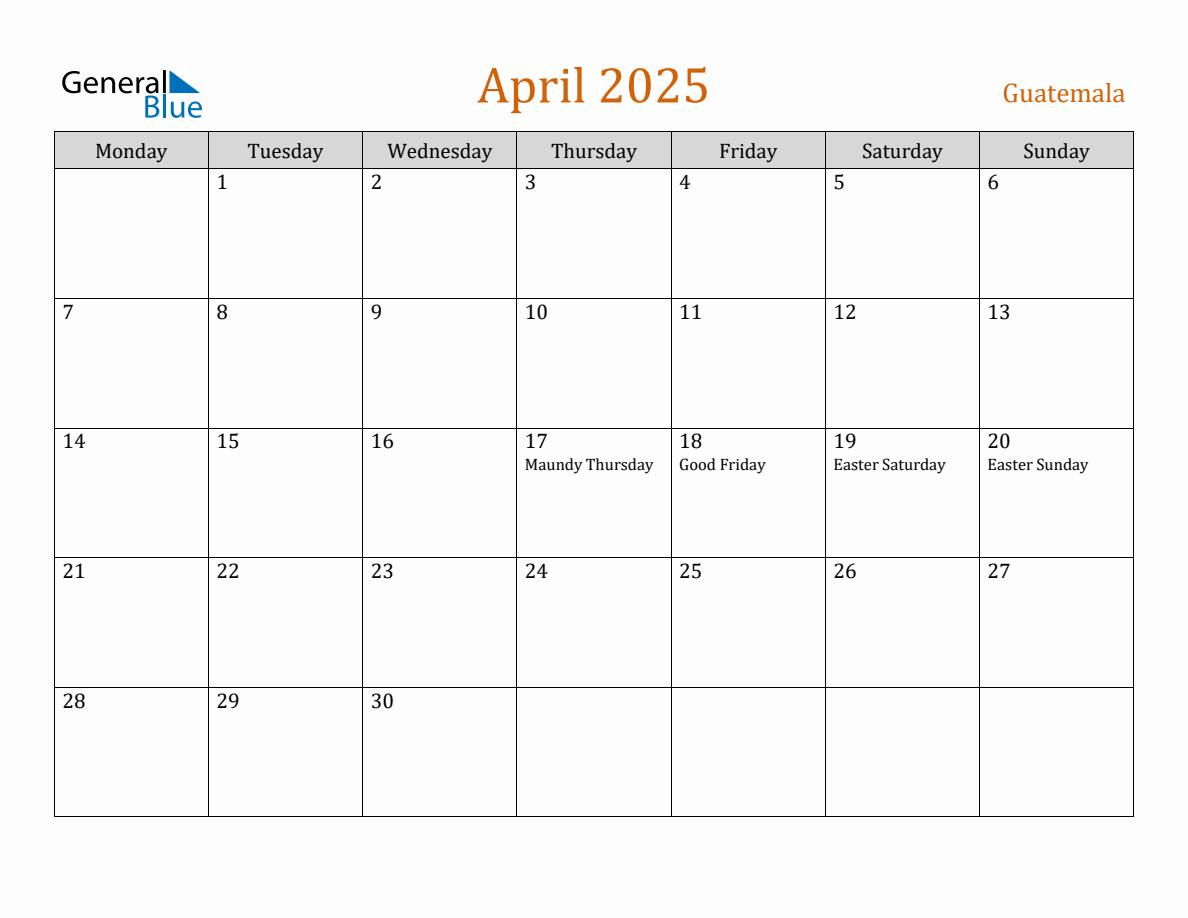 Free April 2025 Guatemala Calendar