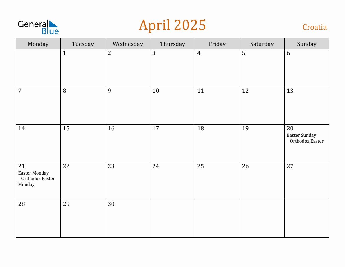 Free April 2025 Croatia Calendar