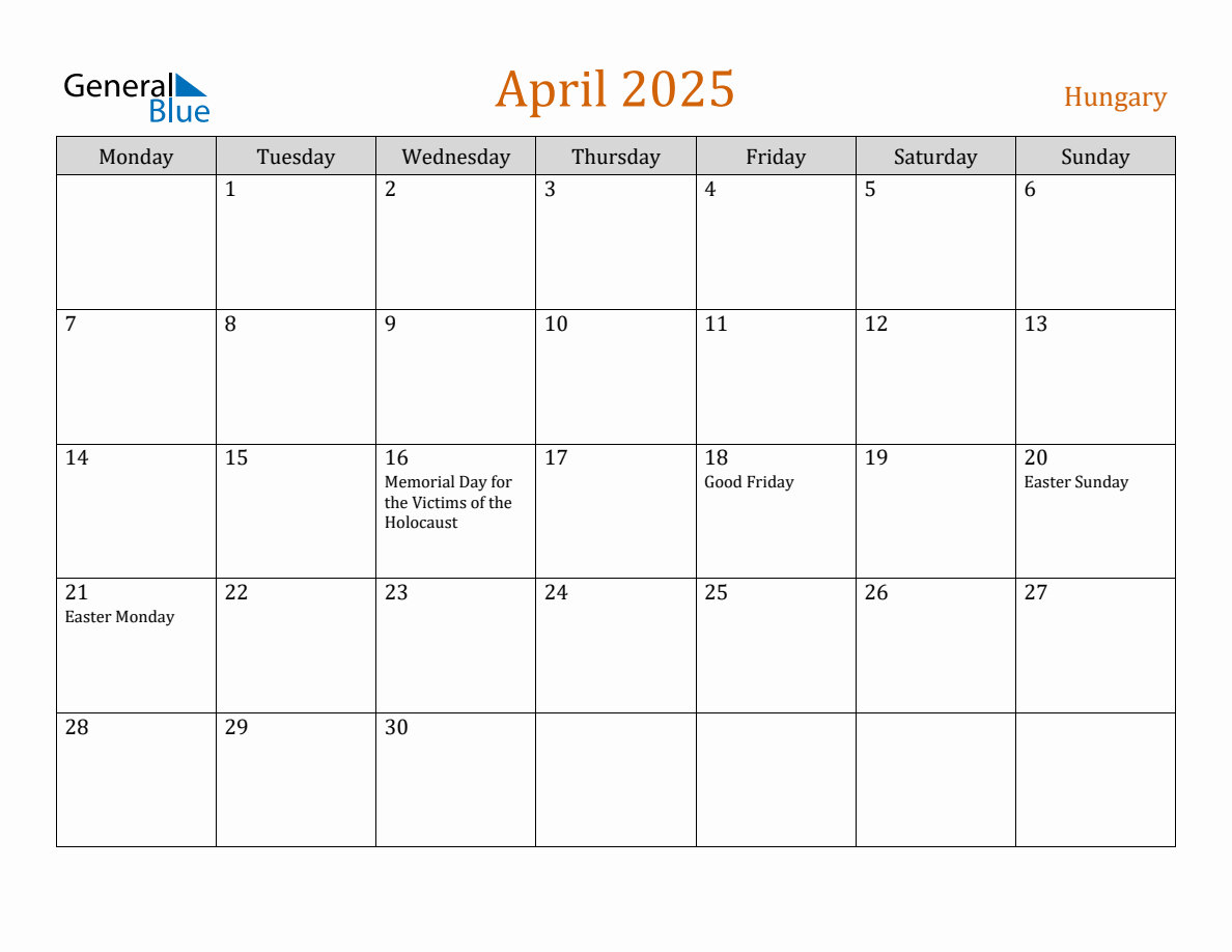 Free April 2025 Hungary Calendar