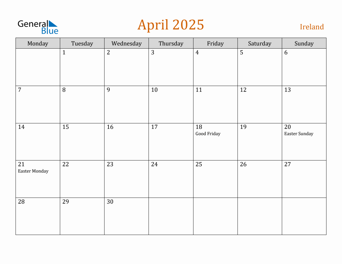 Free April 2025 Ireland Calendar