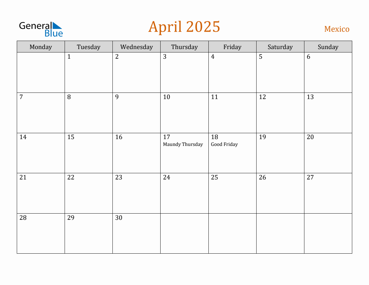 Free April 2025 Mexico Calendar