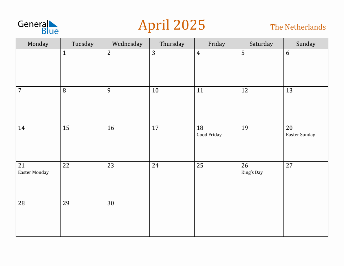 Free April 2025 Netherlands Calendar