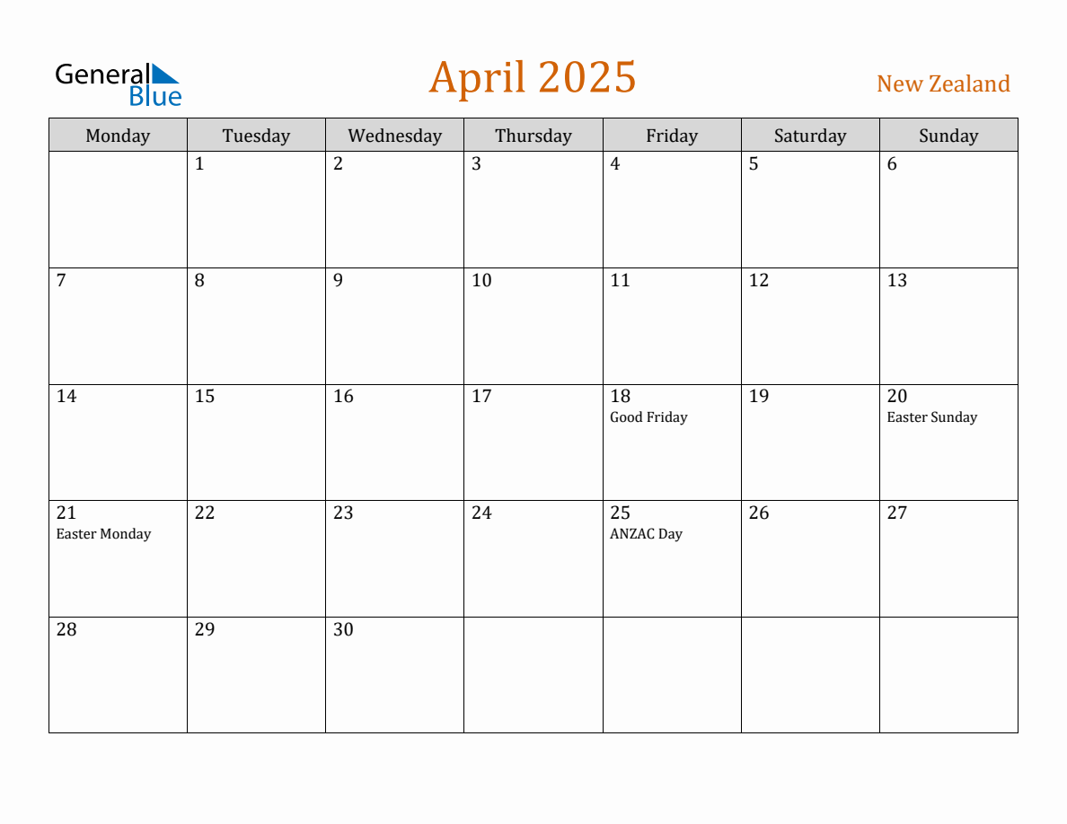 Free April 2025 New Zealand Calendar